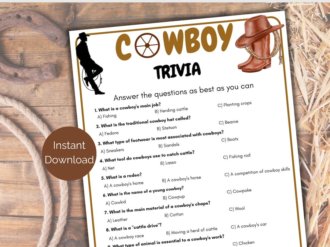 Question Cowboy Cowboy Trivia Game, Printable Cowboy Trivia, Cowboy Quiz, Cowboy Party ...