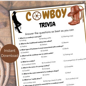 Gioco di quiz sui cowboy, quiz sui cowboy stampabili, quiz sui cowboy, gioco di festa sui cowboy, quiz western, quiz sul selvaggio West, attività sui cowboy