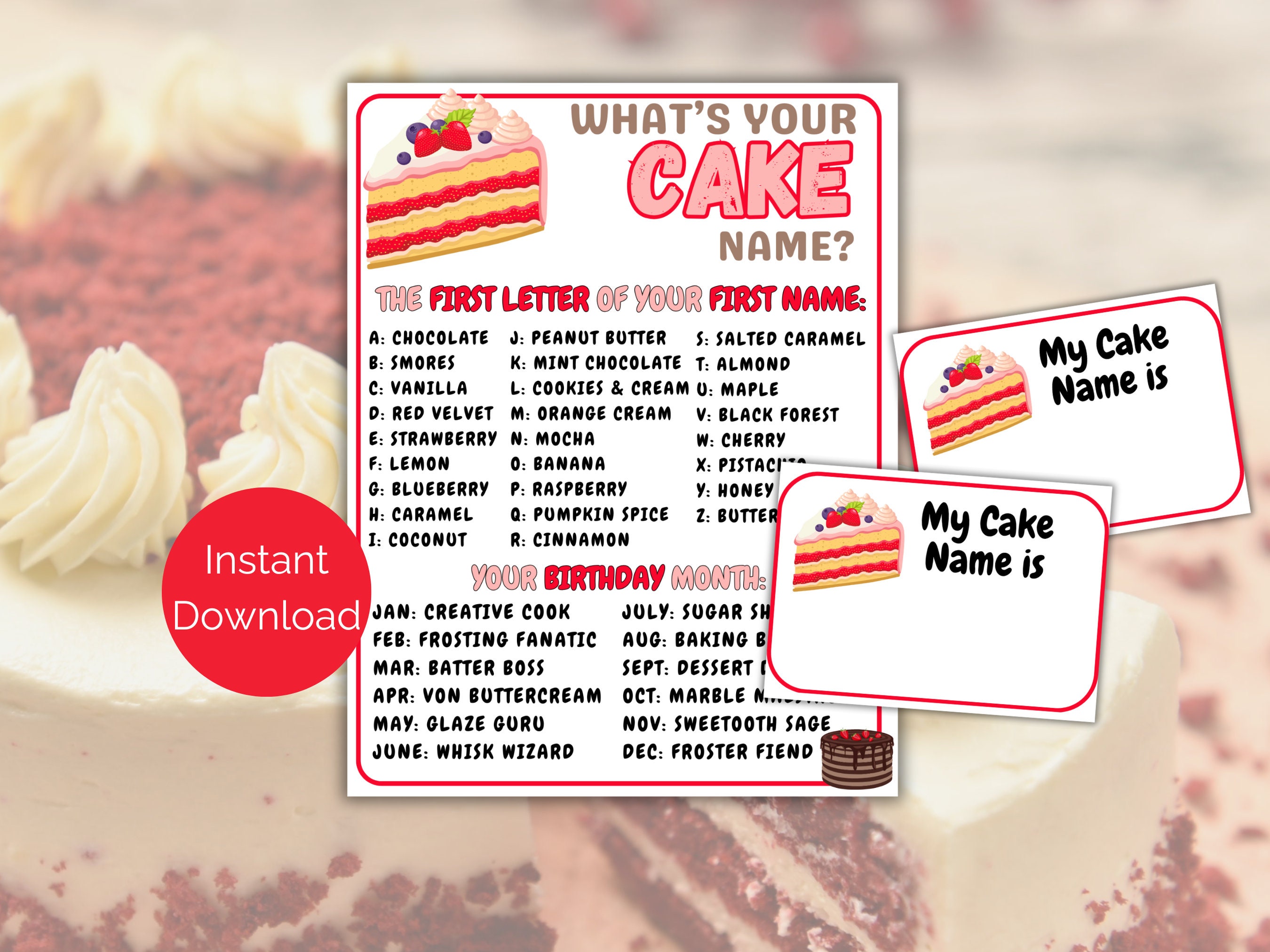 What's Your Cake Name Game + Name Tags, Cake Tasting Party, Cake ...
