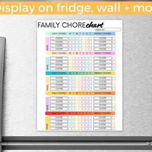 May include: A colorful family chore chart with the text "FAMILY CHORE chart" displayed on a refrigerator. The chart includes sections for daily and weekly chores, with space to write the week of and the names of the family members.