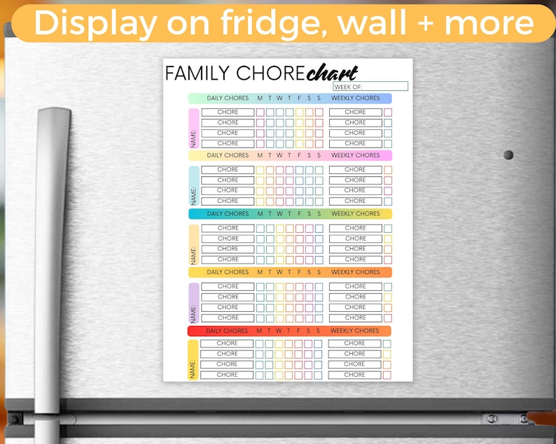 May include: A colorful family chore chart with the text "FAMILY CHORE chart" displayed on a refrigerator. The chart includes sections for daily and weekly chores, with space to write the week of and the names of the family members.