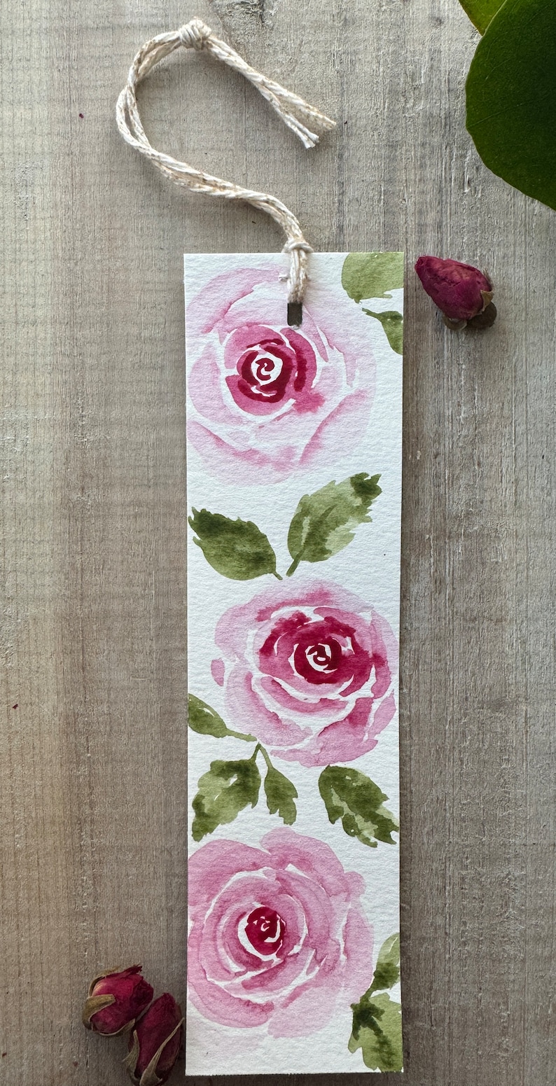 Hand-Painted Bookmark, Watercolor Rose book reader gifts bridal shower gifts image 2