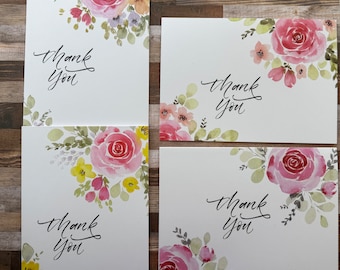 Floral Thank You Cards | Set of 4 | Rose Bouquet Stationery | Hand Painted Prints | Cards with Envelopes | Greeting Cards | Thank You Cards