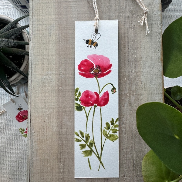 Hand-Painted Bookmark, Watercolor - poppy - wildflower - bee - book reader gifts