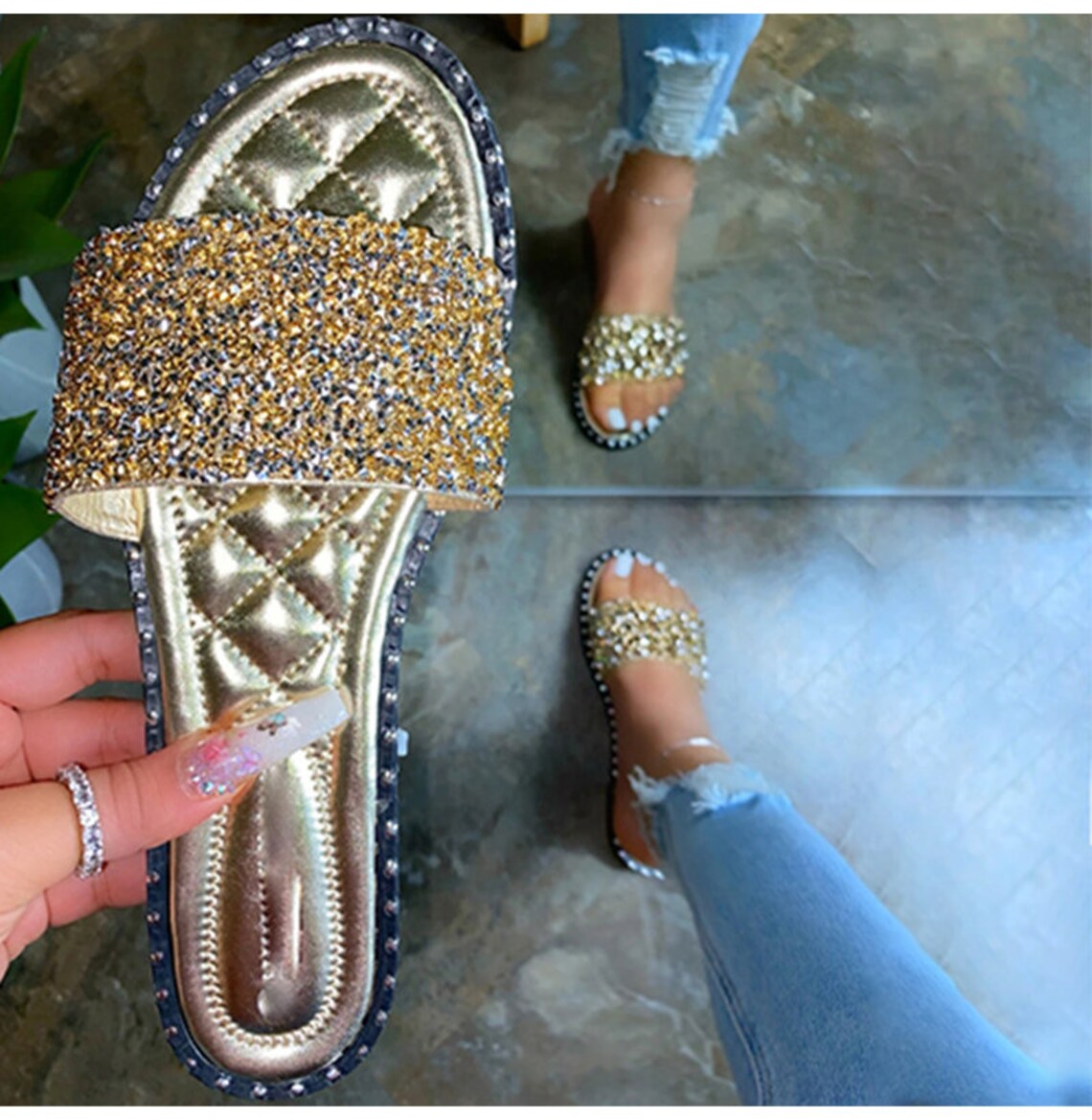 crystal glitter shinny double bandages flat sandals
