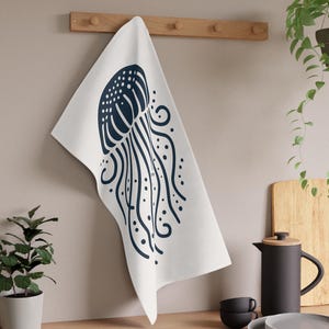 Jellyfish Tea Towel, Nautical Cotton Kitchen Towel, Sea Creature Dish Cloth, Coastal Decor Hand Towel, Ocean Theme Potholder, Beach House