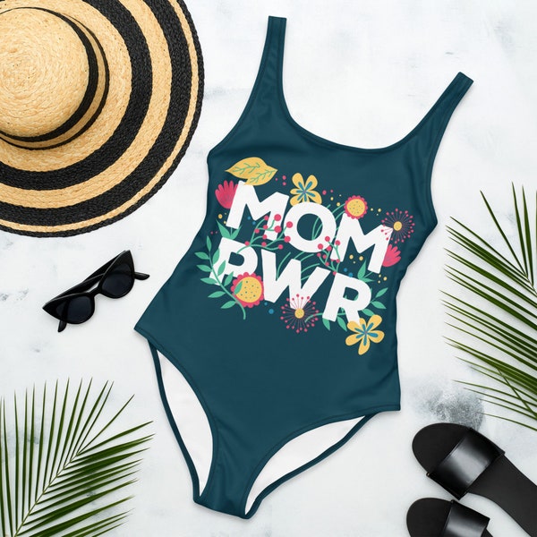 MOM PWR floral pattern Swimsuit, for a proud mother with kids or a perfect gift for Mother's Day. Lucky Mama Power plants design.