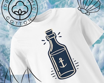Camiseta náutica de algodón orgánico: ancla y botella dibujadas a mano
