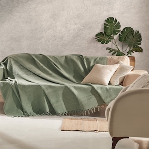 Sage Green Throw - Waffle Blanket -  Large Sofa Throws - King Size Bedspread & Double Bed Blanket - Organic Cotton Throw - 220 x 240 cm