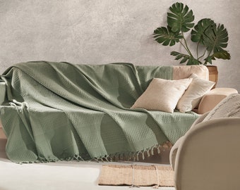 Sage Green Waffle Throw Blanket – Organic Cotton Bedspread, Knotted Fringe
