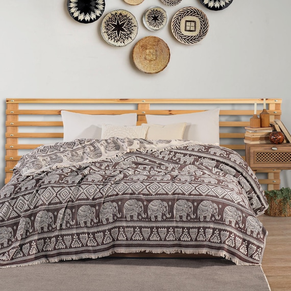 Boho Throw Blanket | Bohemian King Size Bed Throws | Large Cotton Blend Sofa Throw | Bedspread | 220 x 240cm