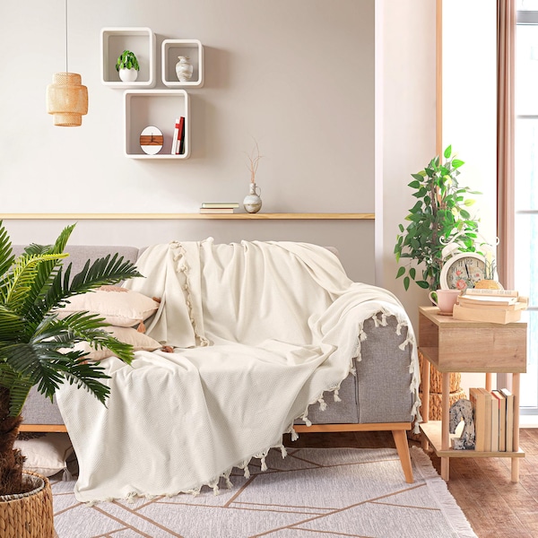Large Cotton Herringbone Throw Blanket, 2 Seater Sofa Cover, Double Bed Throw 200x230 cm