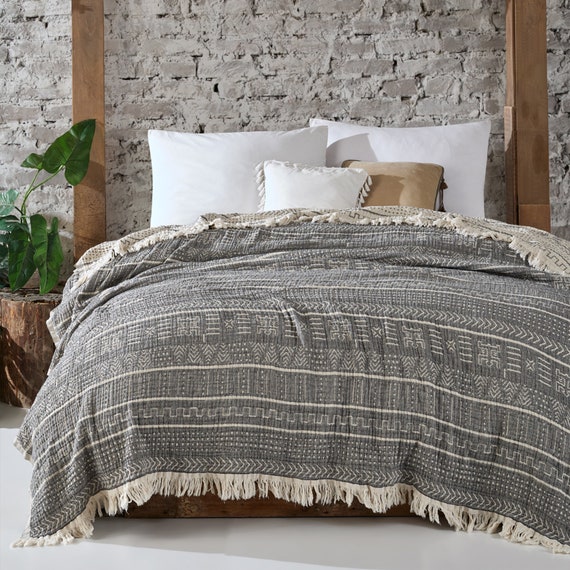Grey Bedspread Boho Throw Blanket King 