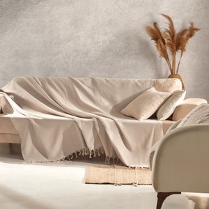 Beige Cotton Blend Herringbone Throw Blanket Cover | Turkish Tightly Woven, Pet Friendly (200x230cm)