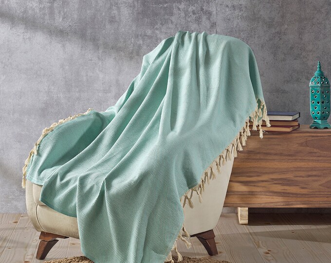Ombre Green Throw Blanket, Knitted Green Sofa Throw, Green Bed Throw