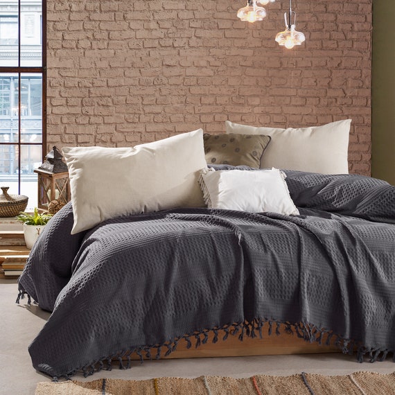 Dark Grey Throw Honeycomb Blanket Organic Cotton Bedspread - Etsy