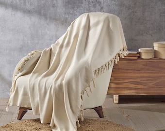 Cream Throw Blanket - Cream Sofa Cover - Organic Cotton Throw - Boho Throw Blanket - Armchair Cover - 2nd Anniversary Gift 130 x 170 cm