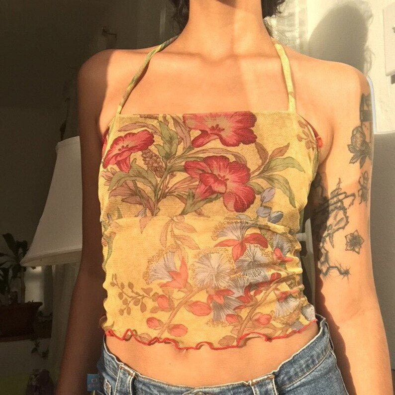 Vintage Floral Print Mesh Halter Tank Top Bohemian Pixie Etsy