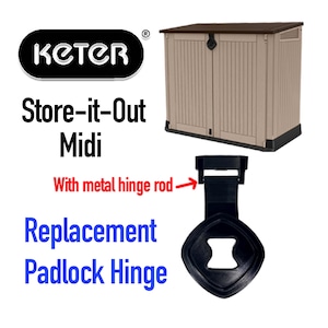 May include: Replacement padlock hinge for a Keter Store-it-Out Midi storage shed. The hinge is black plastic and has a metal rod that attaches to the shed door.