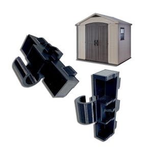 May include: Two black plastic brackets for attaching a shed to a fence. The brackets have a hook on one side and a slot on the other side.