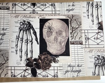 Book Cloth Halloween Spooky Collage Print Fabric Paper Backed Fabric to make hand-made book covers/liners 3 pieces 16" x 23" & 12 x 19