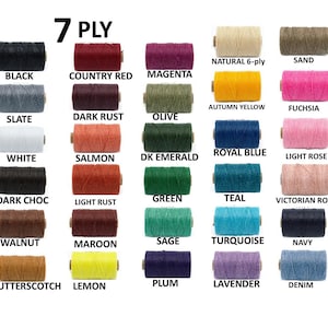 May include: A collection of 7-ply twine spools in various colors, including black, country red, magenta, natural, sand, slate, dark rust, olive, autumn yellow, fuchsia, white, salmon, dark emerald, royal blue, light rose, dark choc, light rust, green, teal, and victorian rose.