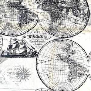 Vintage World Map Cotton Fabric – Light-Weight Parisian Textile 25" x 43"