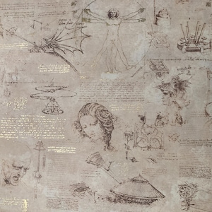 May include: A beige background with a variety of black and white sketches of inventions and scientific drawings. The sketches include a helicopter, a human figure, a horse, and a machine.