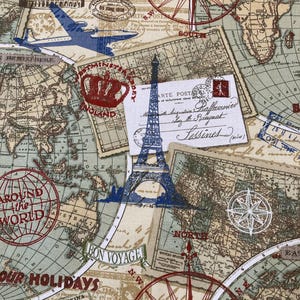 May include: A vintage style fabric with a repeating pattern of maps, compasses, and travel-themed stamps. The fabric features a blue and white Eiffel Tower, a red and white compass, and a world map with the text "Around the World".