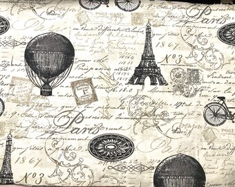 Book Cloth Paris Script Collage Print Fabric Paper Backed Fabric to make hand-made book covers/liners 19" x 31"