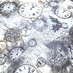 May include: A patterned fabric or paper featuring a collage of vintage pocket watches with Roman numerals, intricate clockwork gears, and handwritten script. The design includes scattered holly leaves with red berries and gold speckles.