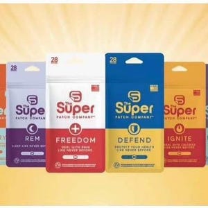 May include: A collection of The Super Patch Company patches in various colors. Each package features a different word, including "Freedom", "Defend", and "Ignite". The patches are displayed against a gradient yellow background.