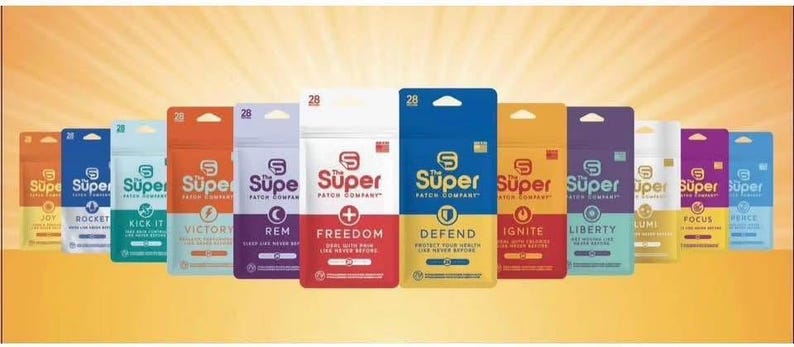 May include: A collection of The Super Patch Company patches in various colors. Each package features a different word, including "Freedom", "Defend", and "Ignite". The patches are displayed against a gradient yellow background.