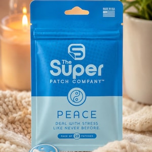 May include: A blue and light blue rectangular pouch labeled The Super Patch Company Peace. The text reads Deal with stress like never before and Pack of 28 patches. A small circular patch with a yin-yang symbol sits in front of the pouch.