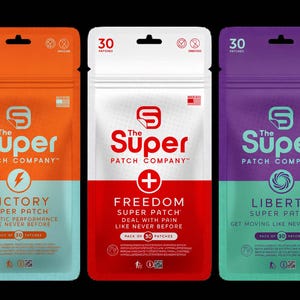 May include: Three colorful pouches of "The Super Patch Company" patches. The pouches are orange, white, and purple, each with a different name: Victory, Freedom, and Liberty. Each pouch contains 30 patches.