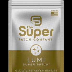May include: A package of Lumi Super Patch by The Super Patch Company. The package is white and gold with the text "LUMI SUPER PATCH" and "GLOW LIKE NEVER BEFORE". The package contains 28 patches and is made in the USA.