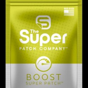 May include: A yellow and silver packet labeled "The Super Patch Company" with the text "BOOST SUPER PATCH" and "ENERGY LIKE NEVER BEFORE." The packet contains 28 patches and is made in the USA.