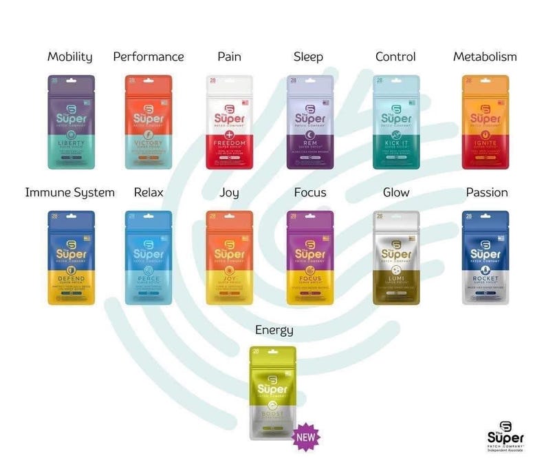 May include: A display of various Super brand supplement packets, each with a different color scheme and label. The packets are arranged in a circular pattern, with labels such as "Mobility," "Performance," and "Energy." The brand logo is visible at the bottom right.