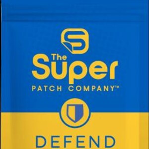 May include: A blue and yellow packet for "The Super Patch Company." The packet features the word "DEFEND" and the phrase "PROTECT YOUR HEALTH LIKE NEVER BEFORE." It also states "PACK OF 28 PATCHES" and "MADE IN USA."