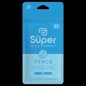 May include: A blue and white package of "The Super Patch Company" patches. The package has the text "PEACE" and "DEAL WITH STRESS LIKE NEVER BEFORE." It contains 28 patches and is made in the USA.