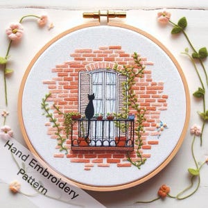 Cat And Plant, Flowers on the Balcony Hand Embroidery Pattern Digital Download PDF File, Easy Download and Print at Home, Wall Hanging Hoop
