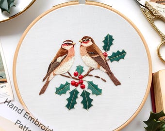 Winter Birds Hand Embroidery Pattern Download, Christmas Birds Hand Embroidery Templates, Holly Branch Bird Hand Embroidery Digital Files