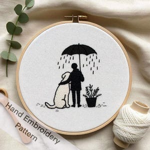 Utskrivbart handbroderimönster för regnig dag med hundälskare i PDF-format, enkel nedladdning, utskrift hemma, gör-det-själv-vägghängande bågkonst, hantverk