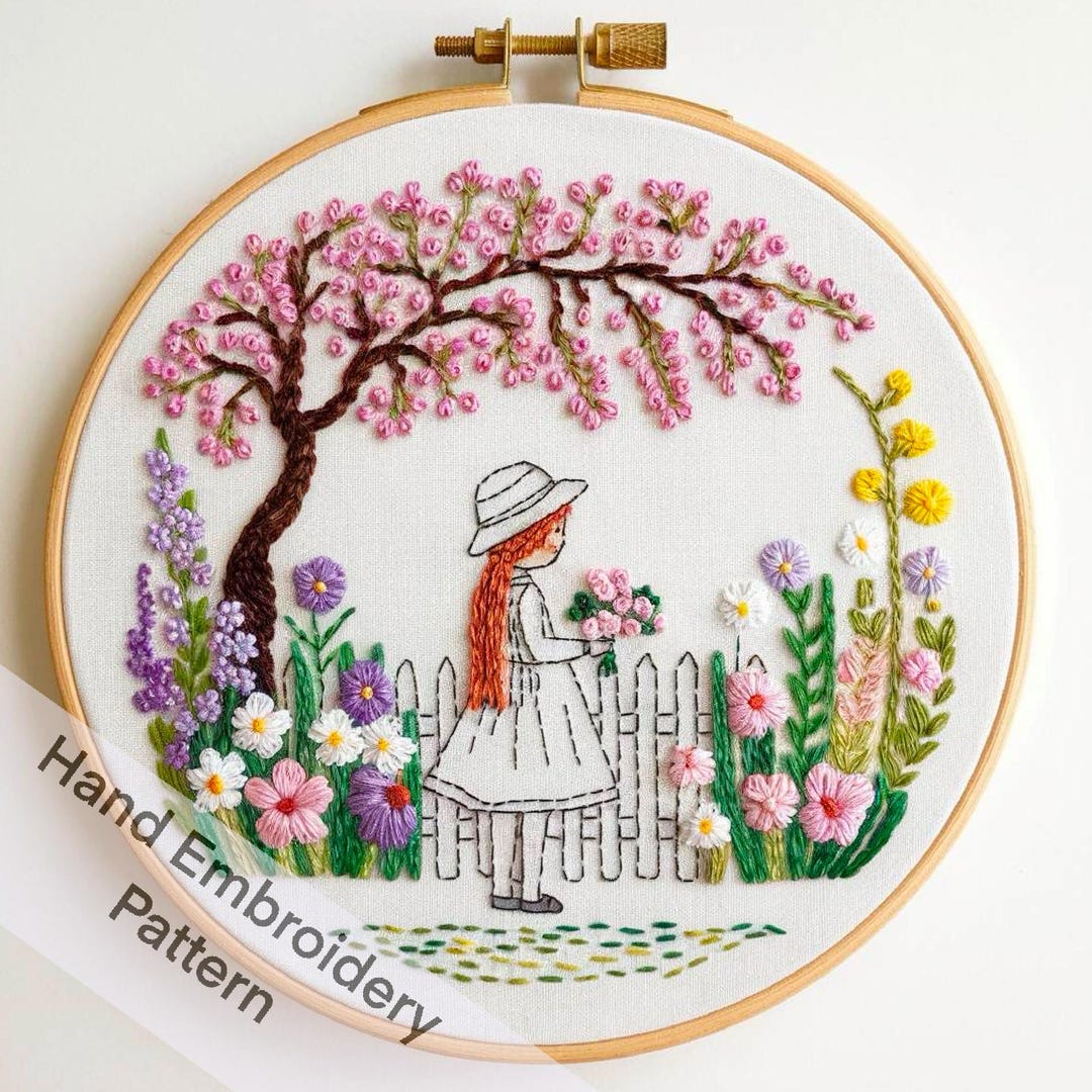 Printable Little Girl in Garden Flower Hand Embroidery Pattern With 6 ...