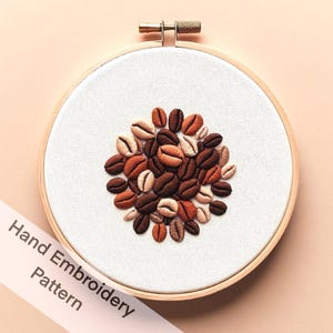 Könnte beinhalten: Ein Stickmuster für Handarbeiten mit einer Ansammlung von braunen, beigefarbenen und orangefarbenen Kaffeebohnen in einem weißen Stickrahmen. Der Text "Hand Embroidery Pattern" steht unter dem Rahmen.
