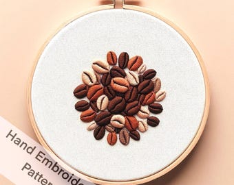 Patrón de bordado a mano para amantes del café, diseño de granos de café fácil de descargar e imprimir en casa, regalo artesanal para los amantes del café.