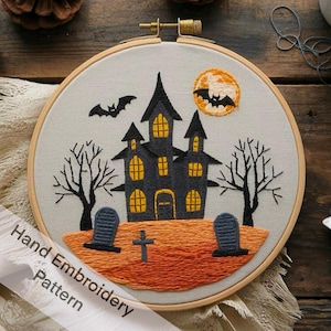 Halloween Bat and Spooky Mansion Printable Hand Embroidery Digital Download, Gift Idea DIY Hoop Art, Needle Paint Halloween Home Decor