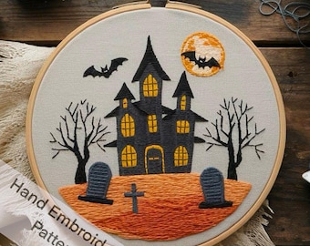 Halloween Bat and Spooky Mansion Printable Hand Embroidery Digital Download, Gift Idea DIY Hoop Art, Needle Paint Halloween Home Decor