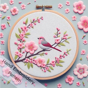 桜と鳥の手刺繍 PDF ファイル デジタル ダウンロード、桜アート、自宅で簡単にダウンロードして印刷、DIY ギフト フープ アート