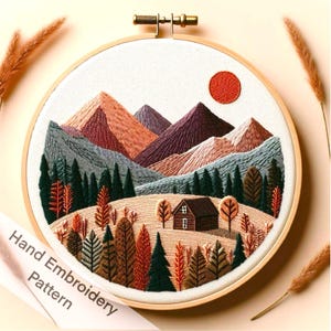 Landscape Mountain Farmhouse Tree the Sun Enchanted Embroidery Pattern Collection: Hand Embroidery PDF for DIY Projects - Digital Download.